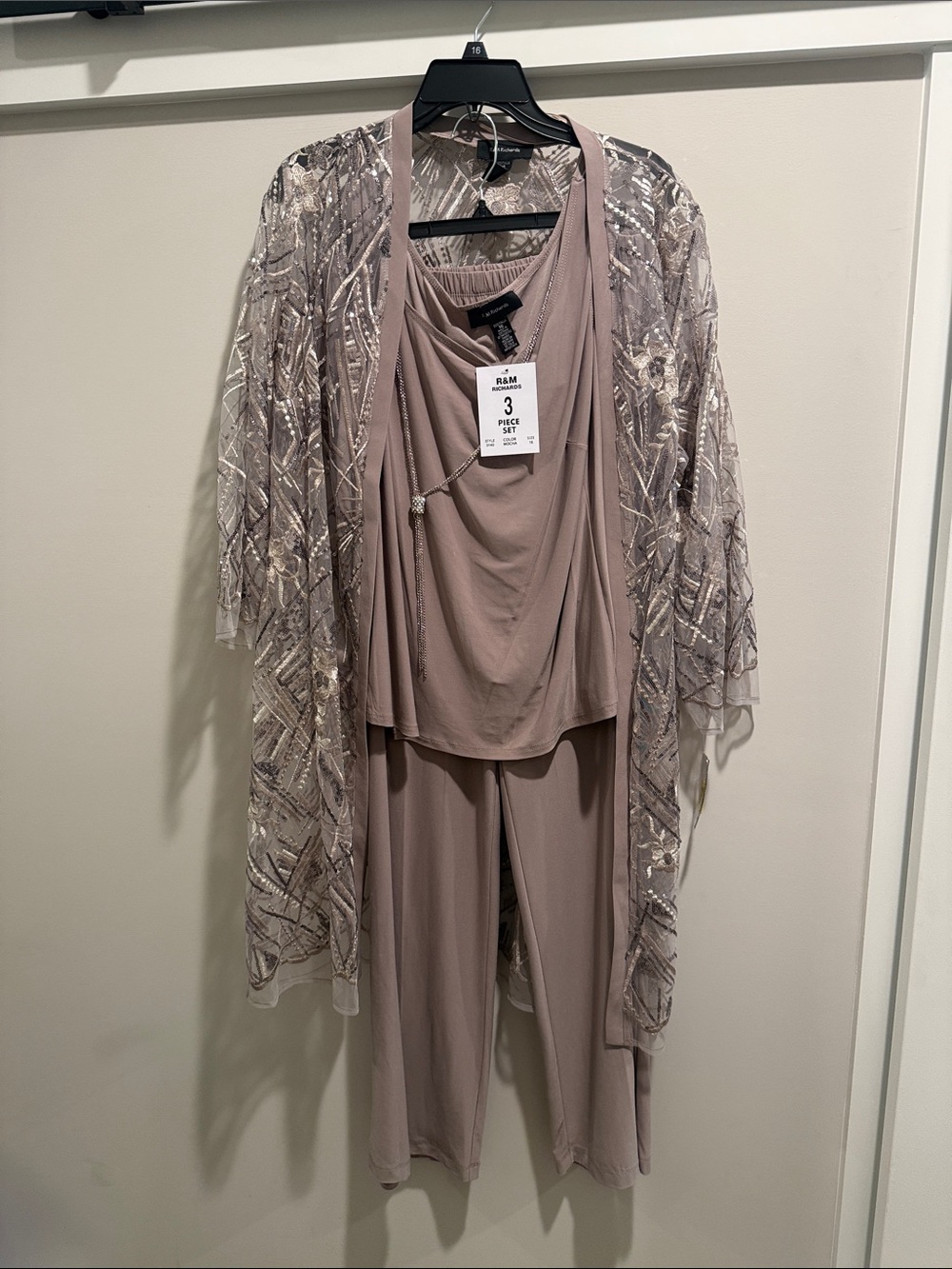 R&M Richards Taupe Three-Piece Pantsuit with Beaded Overlay